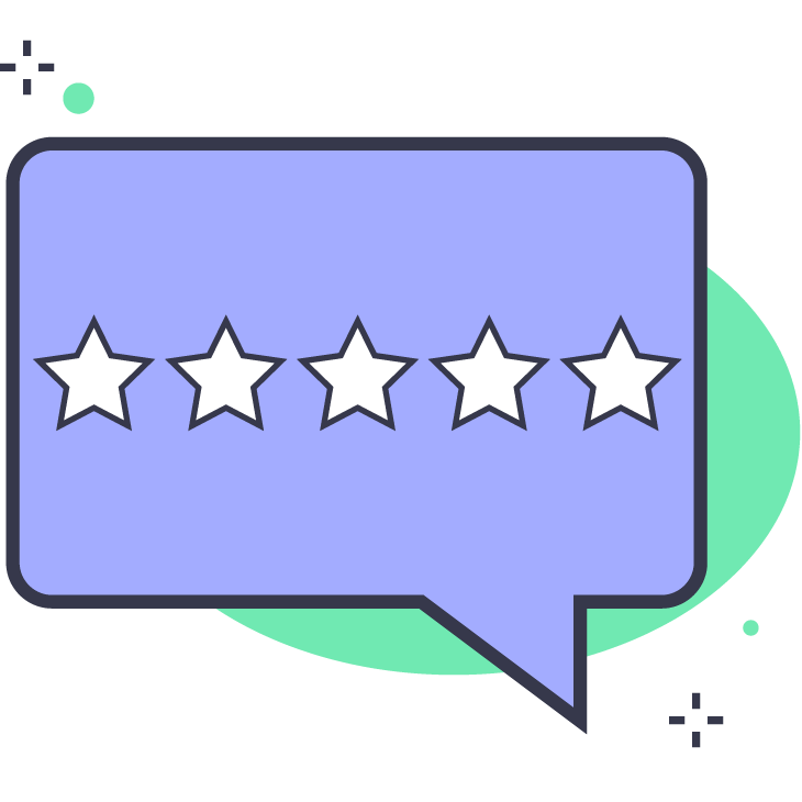 Speech bubble with five star rating.