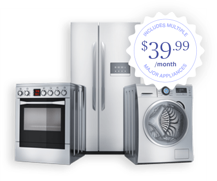 Stainless steel stove, fridge and washing machine grouped with home appliances insurance through the $39.99/month Appliances Plan.